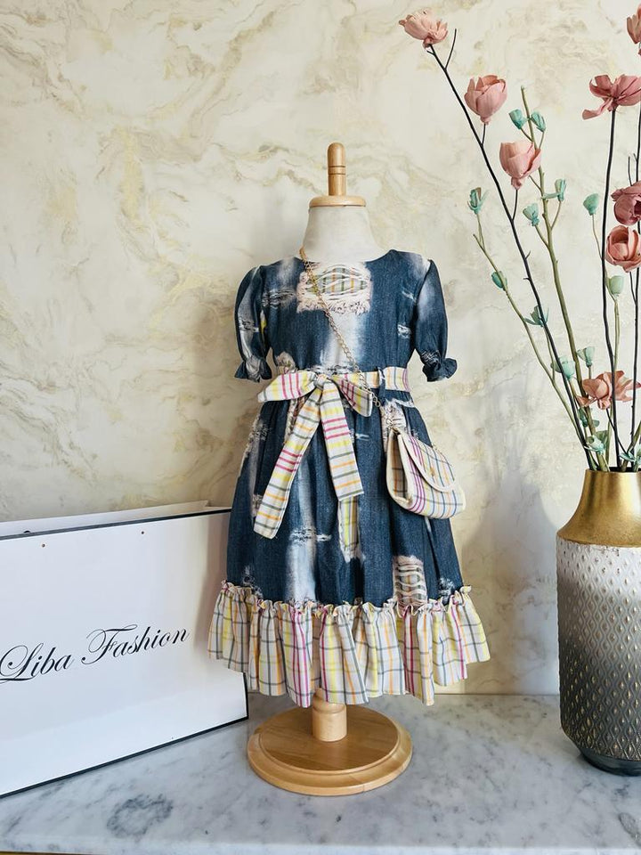 Blue and White Puff Sleeves Dress With Bag For Girls