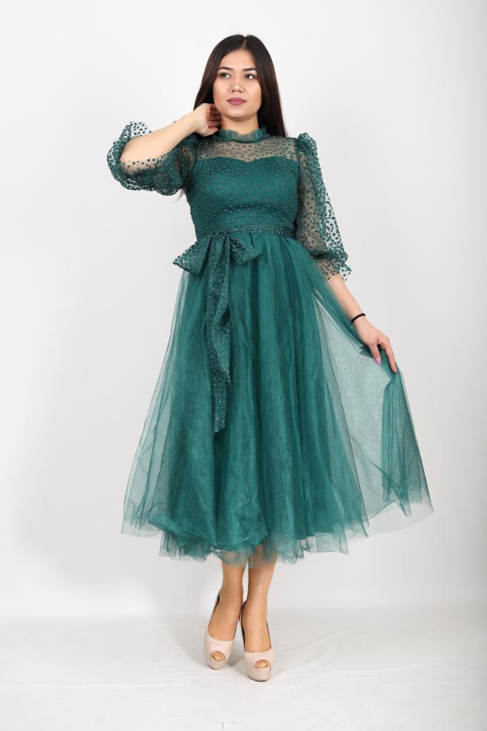 Elegant Green Tulle Fabric Dress for Women