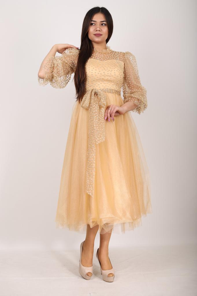 Elegant Gold Tulle Fabric Dress for Women