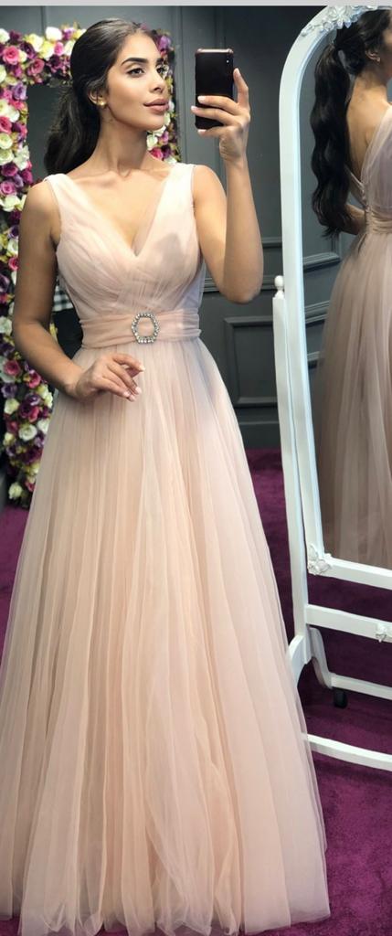 Peach Sleeveless Long Tulle Party Gown