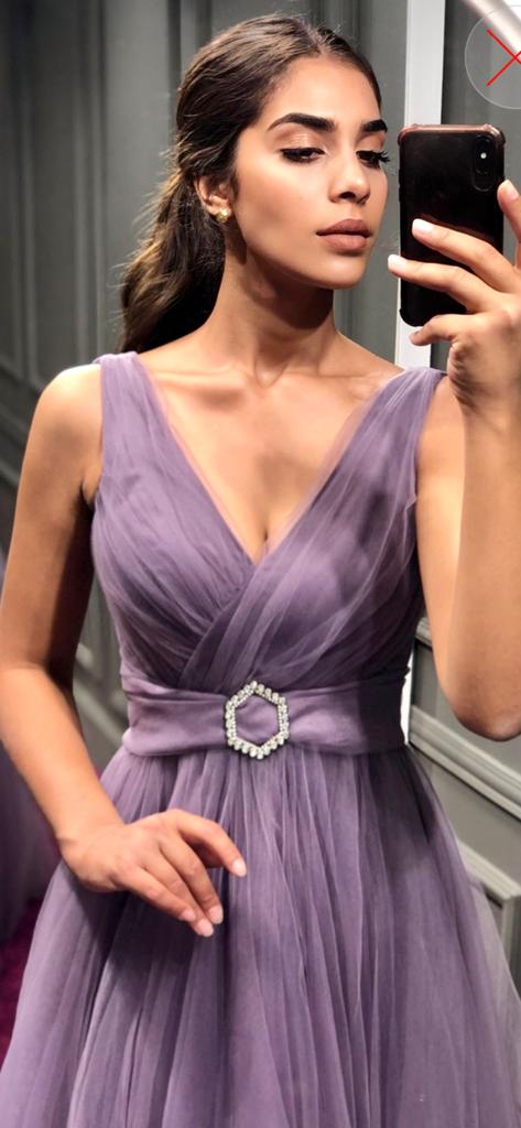 Purple Sleeveless Long Tulle Party Gown