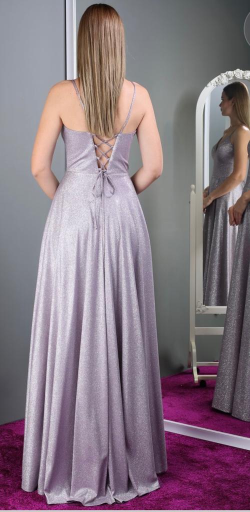 Silver Shimmery long Evening Gown with Slit Details