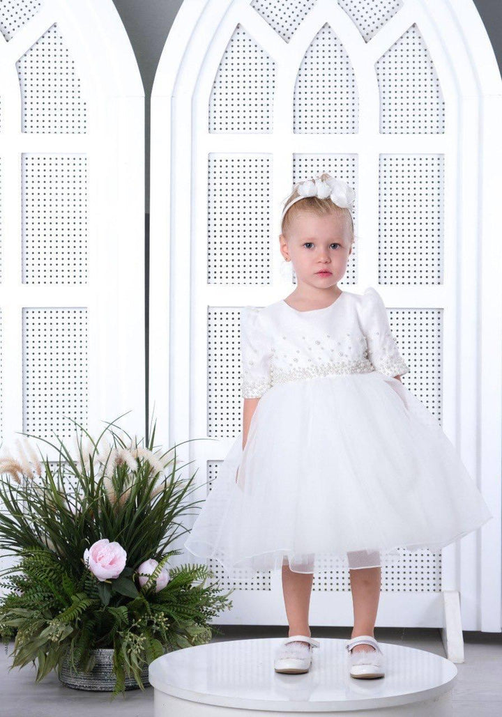 Qamar Girls White Pearl-Embellished Party Dress