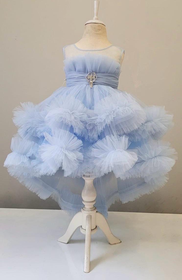 Mehar Blue Layered Tulle Party Dress for Girls