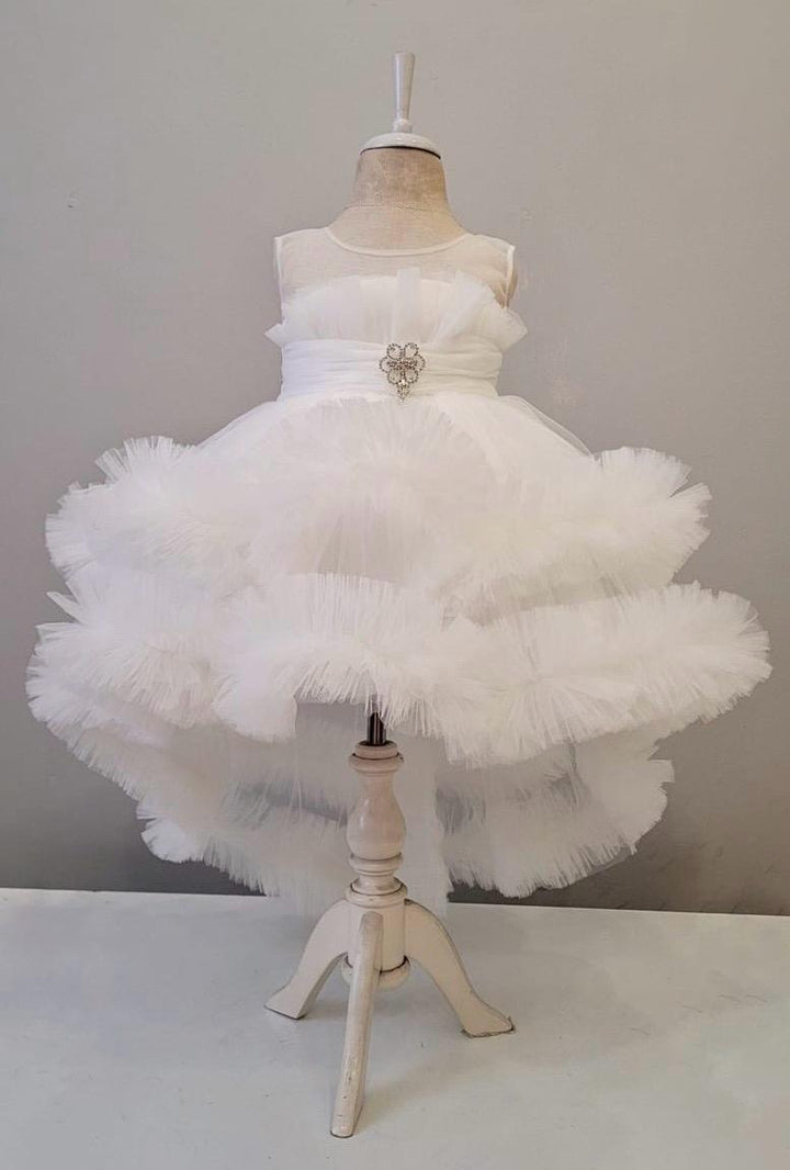 Mehar White Layered Tulle Party Dress for Girls