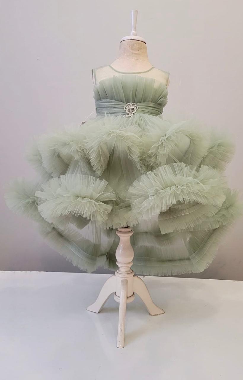 Mehar Olive Green Layered Tulle Party Dress for Girls