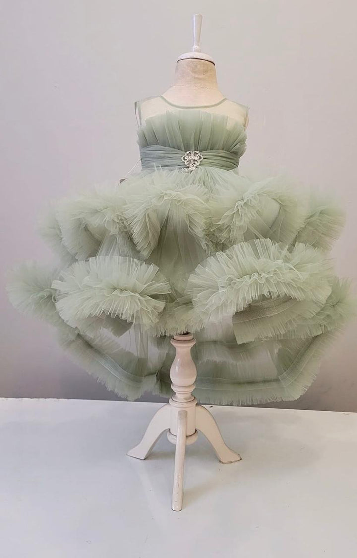 Mehar Olive Green Layered Tulle Party Dress for Girls