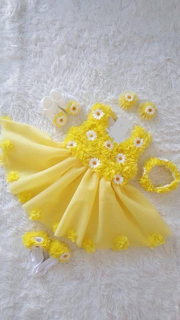 Hadeel Baby Girls Soft Light Yellow Floral Party Dress