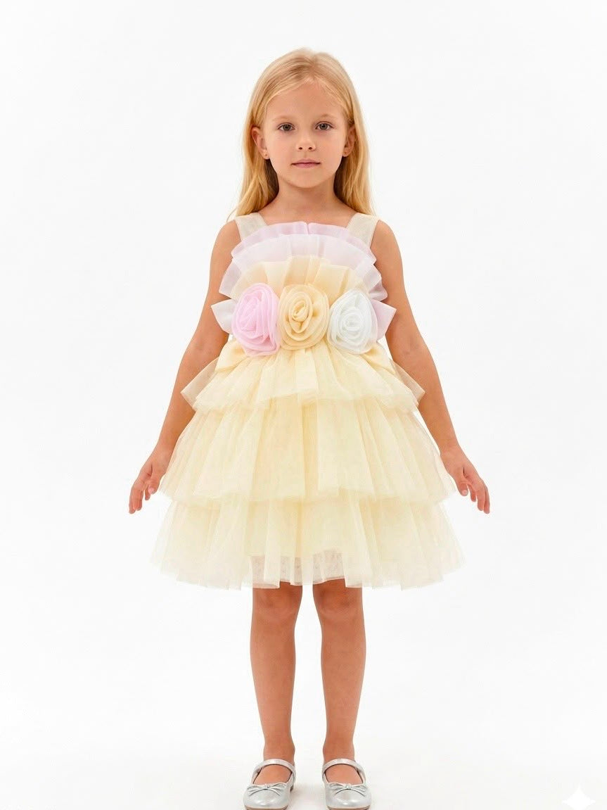 Holly Girls Cream & Blush Floral Tulle Party Dress