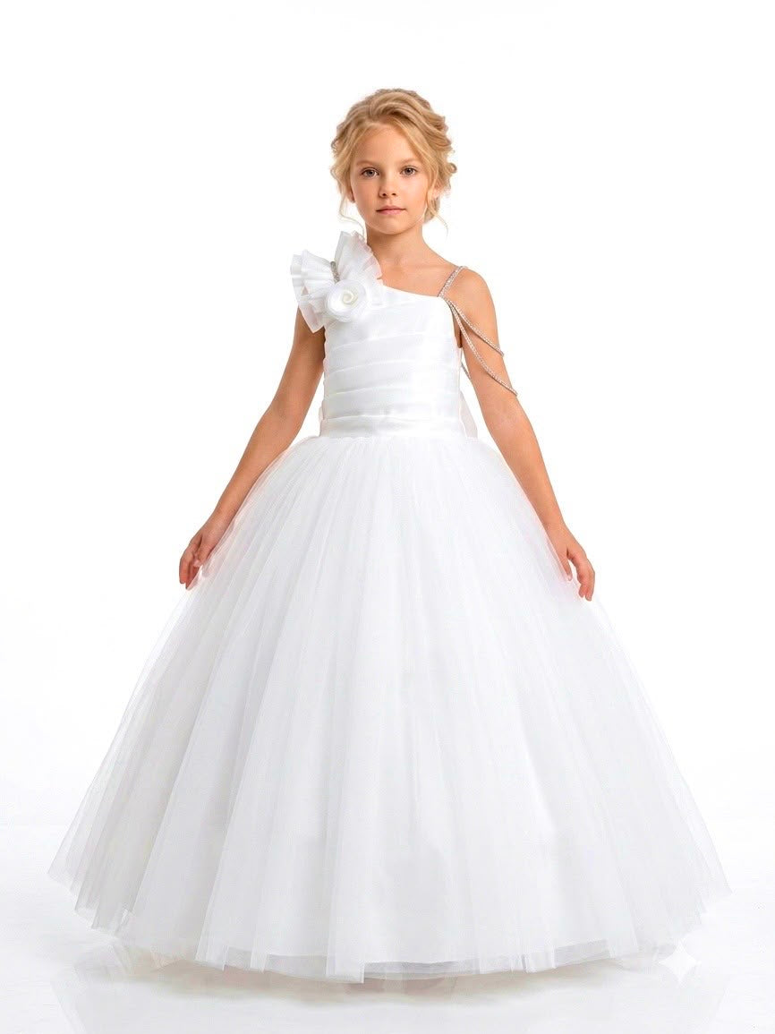 Scarlett White One-Shoulder Tulle Gown for Girls