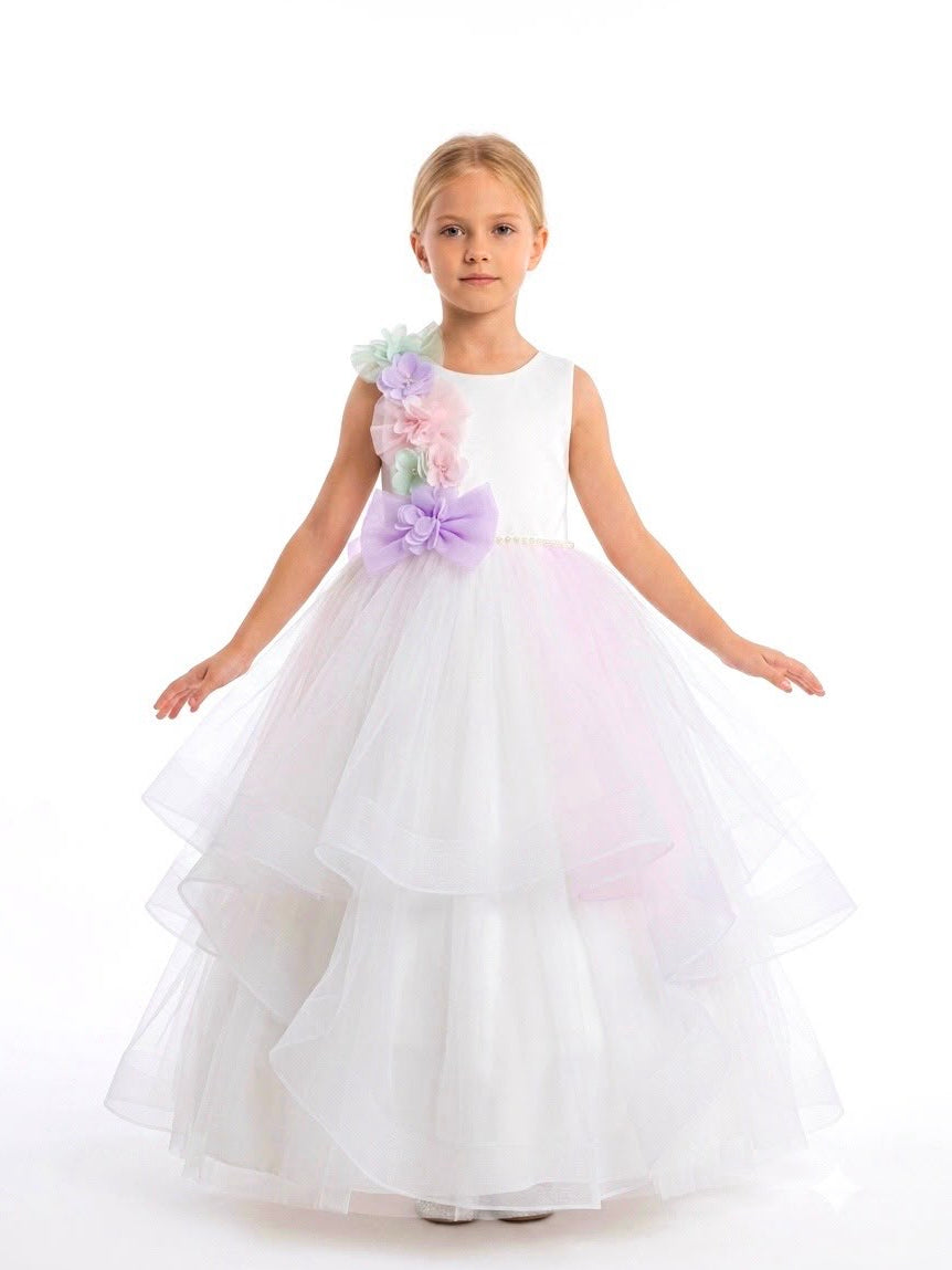 Kate Girls White Pastel Floral Layered Tulle Gown