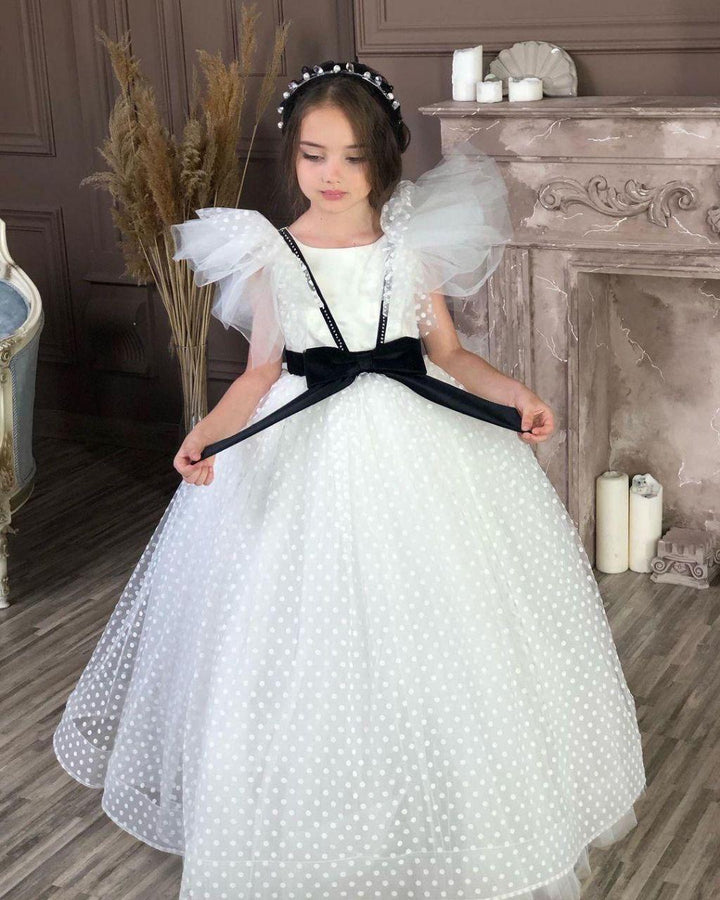 Rahaf Elegant White Polka Dot Gown for Girls