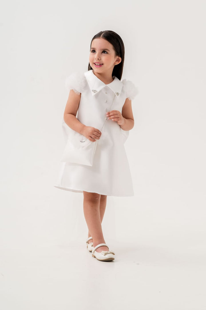 Hoorain White Girls Party Dress with Bow Back Detail