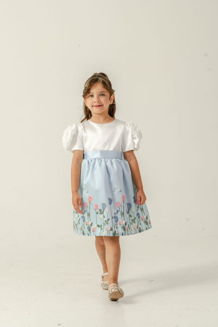Liora Girls White & Blue Floral Party Dress with Puff Sleeves