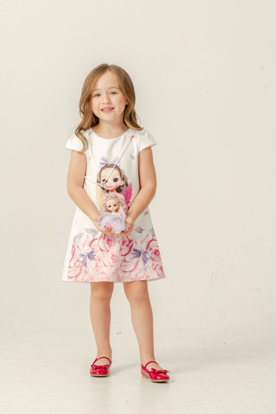 Alara Girls White Printed Party Dress with Doll Motif
