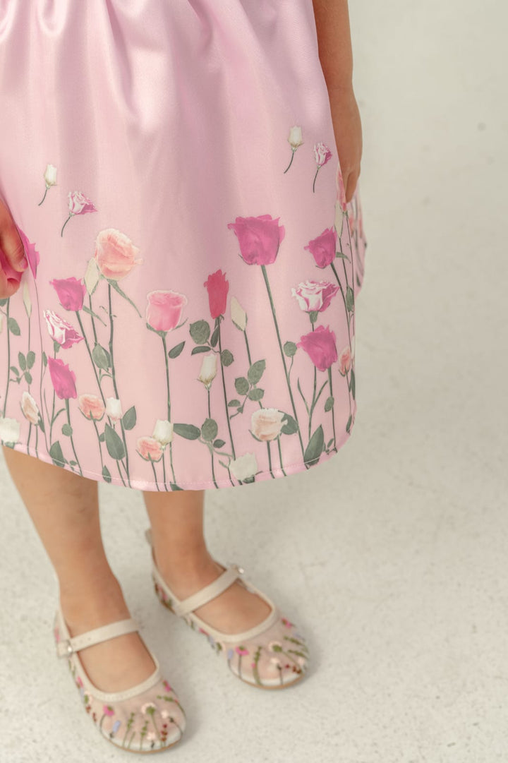 Liora Girls White & Pink Floral Party Dress with Puff Sleeves