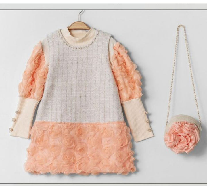 Zaliya Girls Coral Peach & Ivory Floral Dress with Rosette Detailing