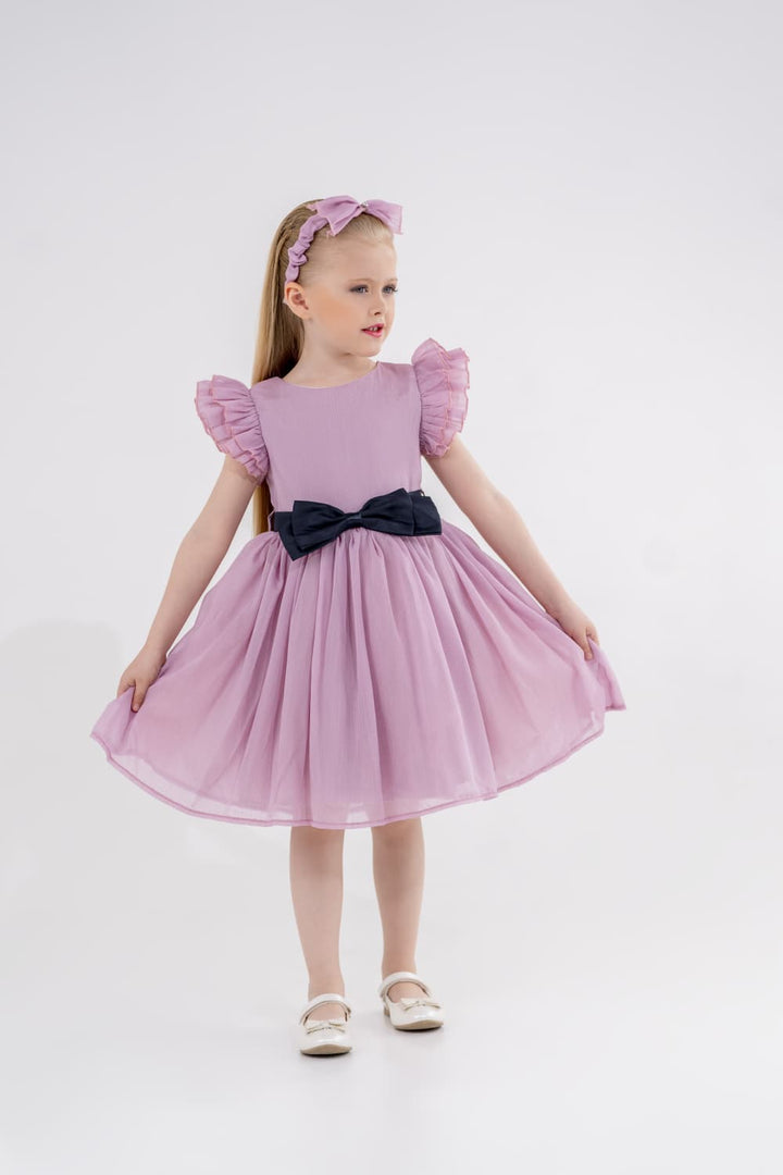 Aseel Girls Lilac Tulle Dress with Navy Bow