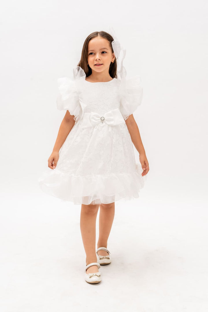 Ayzal Girls White Tulle Party Dress with Bow Detail