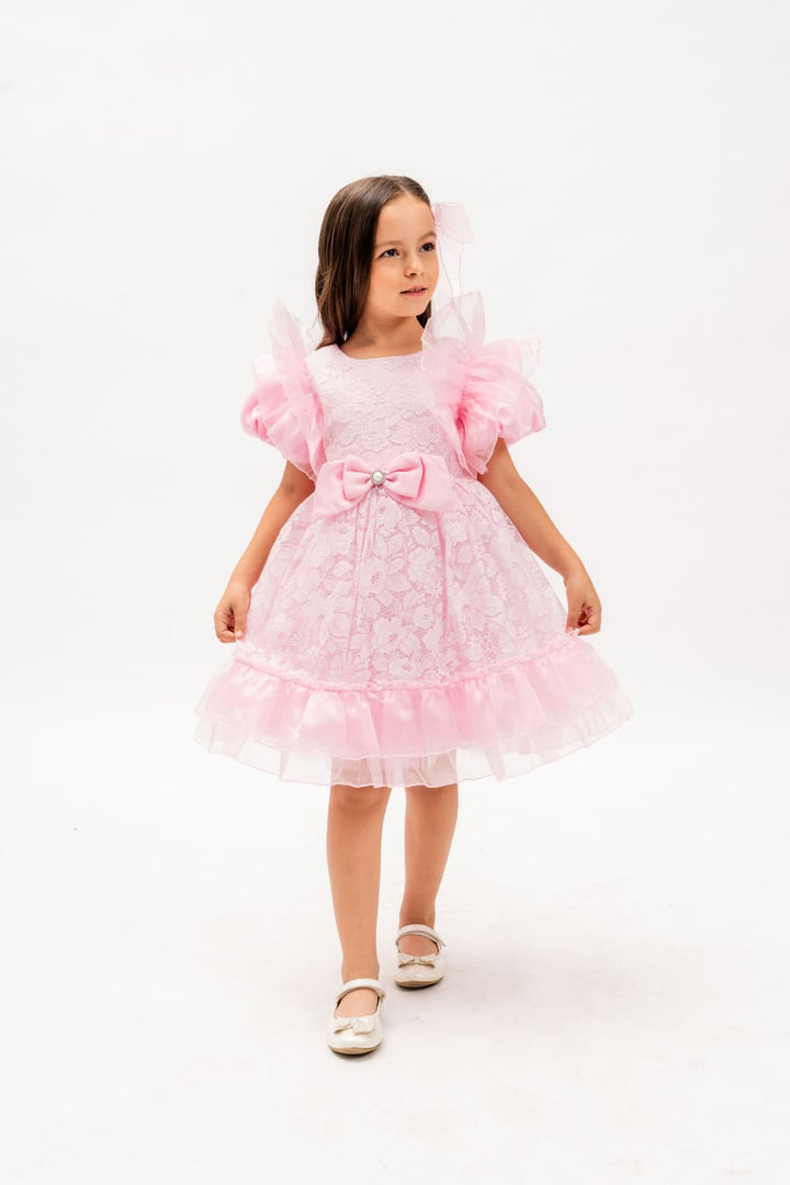 Ayzal Girls Pink Tulle Party Dress with Bow Detail