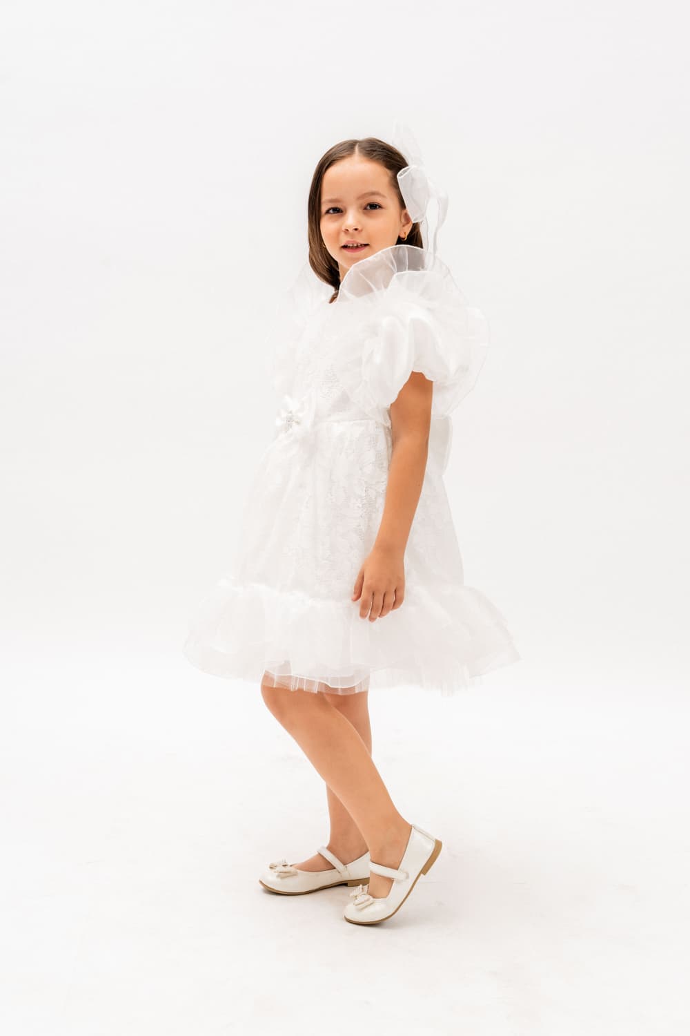 Ayzal Girls White Tulle Party Dress with Bow Detail