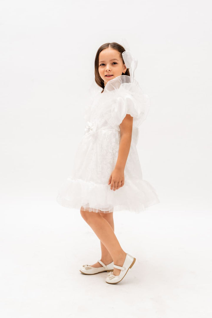 Ayzal Girls White Tulle Party Dress with Bow Detail