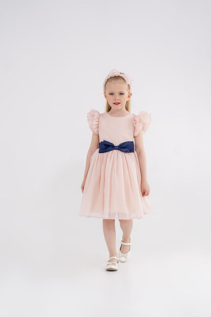 Aseel Girls Peach Tulle Dress with Navy Bow