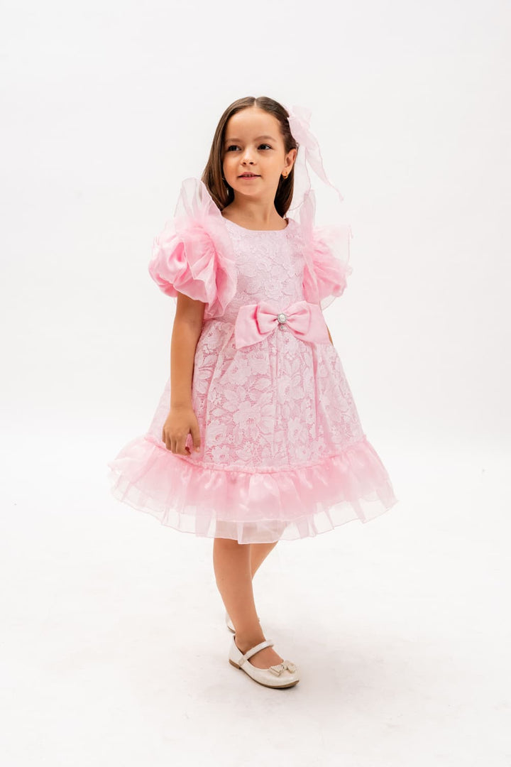 Ayzal Girls Pink Tulle Party Dress with Bow Detail