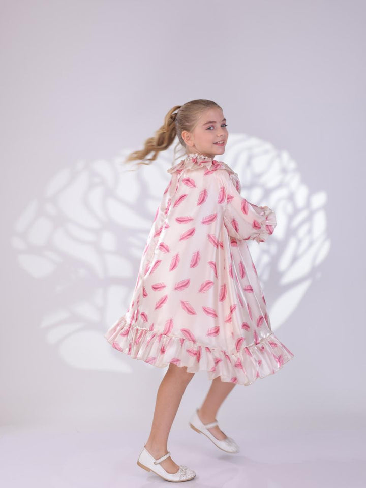 Aylin Pink Feather Print Dress for Girls