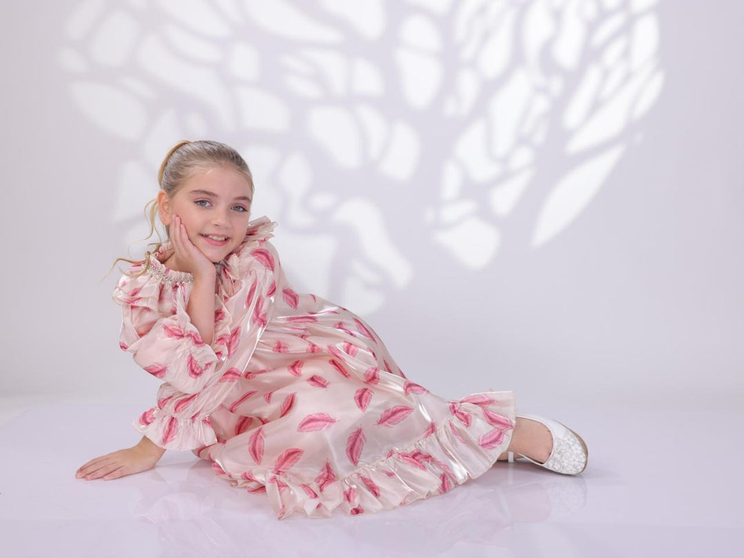 Aylin Pink Feather Print Dress for Girls