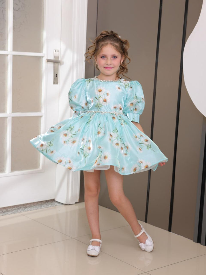 Sarina Girls Aqua Blue Floral Party Dress
