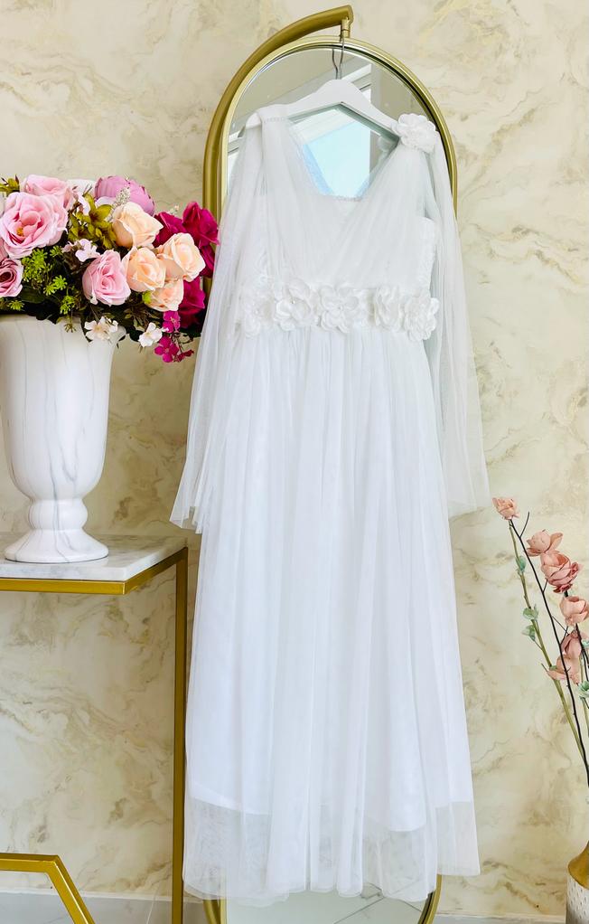 Girls White Flower Tulle wedding Party Dress