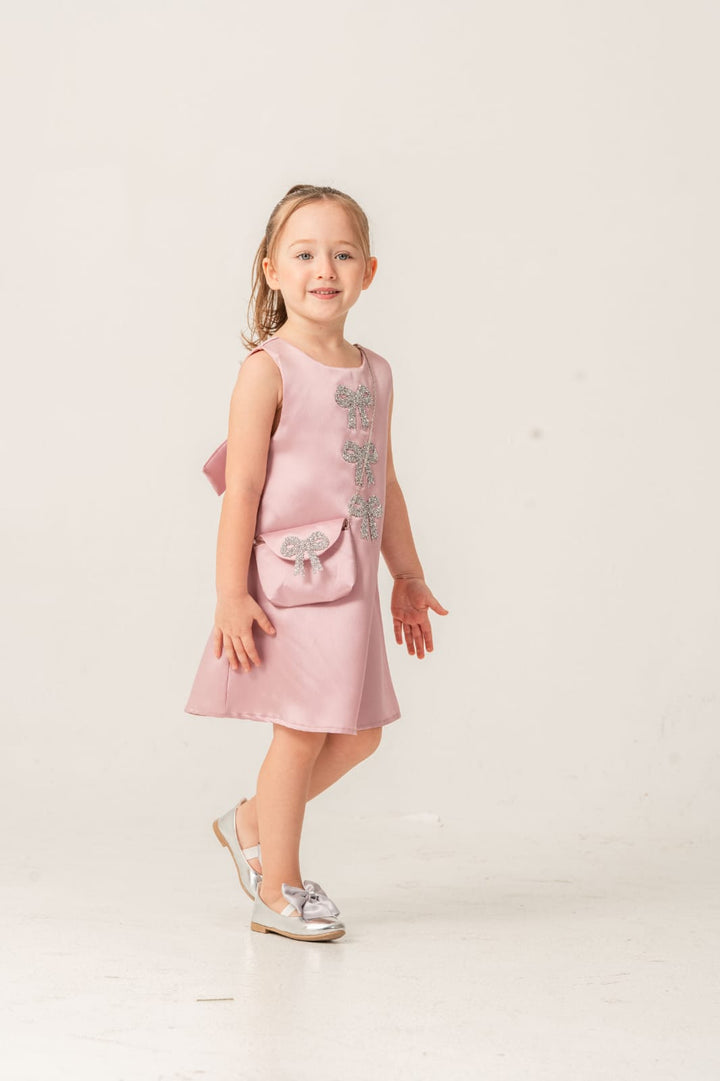 Layana Lilac Glitter Bow Dress With Matching Purse