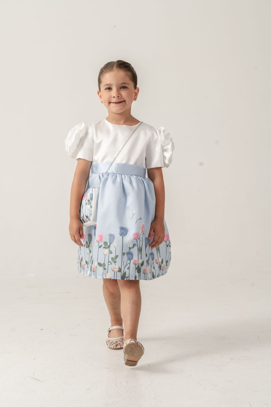 Liora Girls White & Blue Floral Party Dress with Puff Sleeves