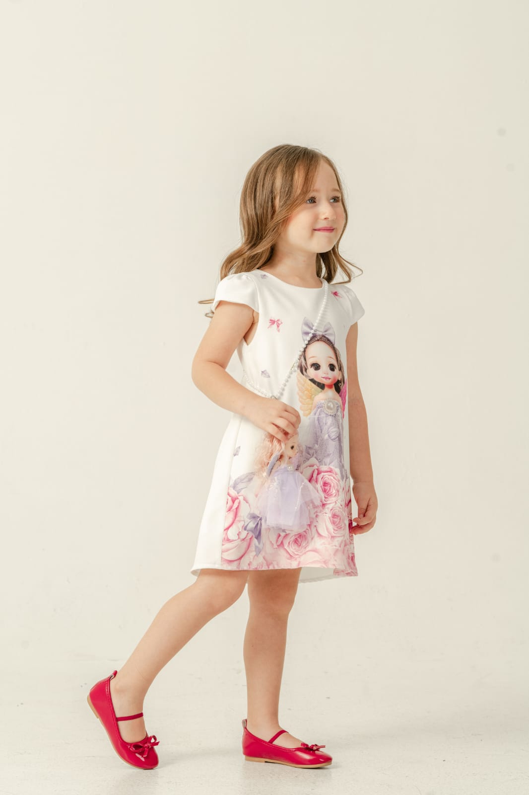 Alara Girls White Printed Party Dress with Doll Motif