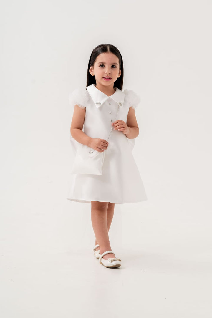 Hoorain White Girls Party Dress with Bow Back Detail