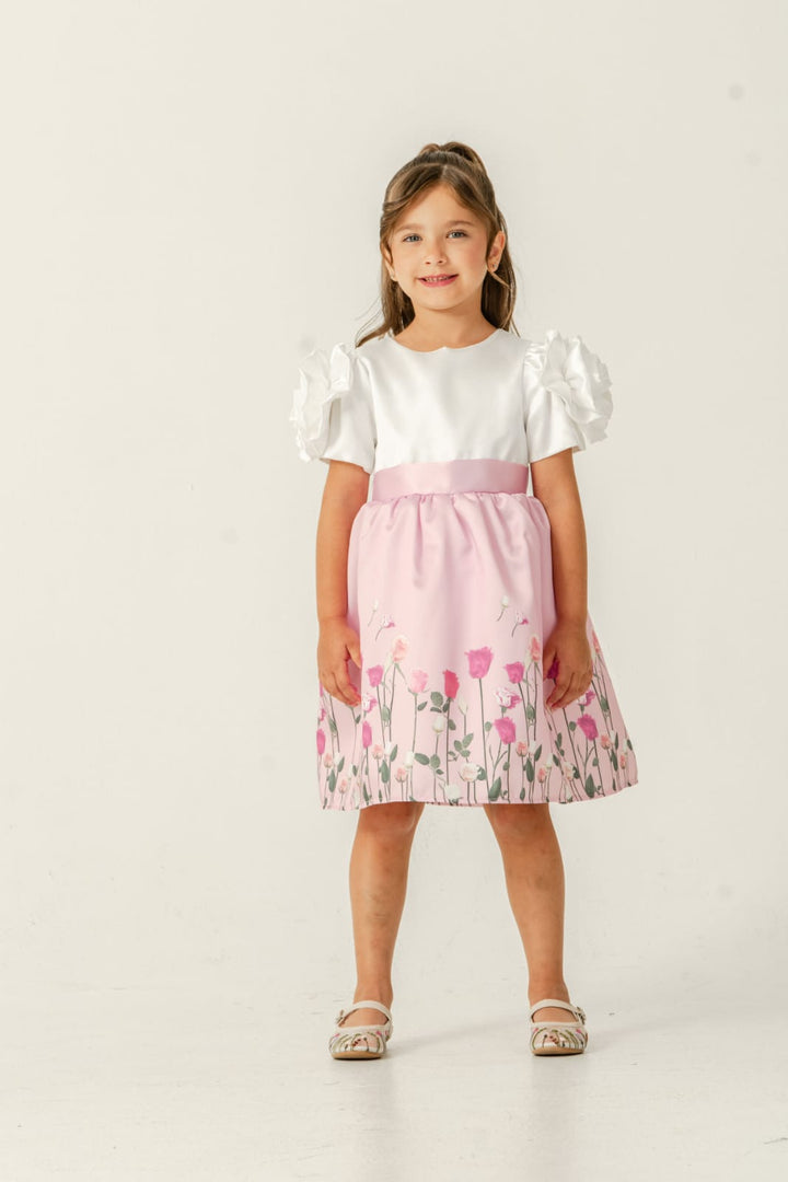 Liora Girls White & Pink Floral Party Dress with Puff Sleeves