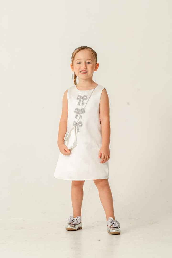 Layana White Glitter Bow Dress With Matching Purse