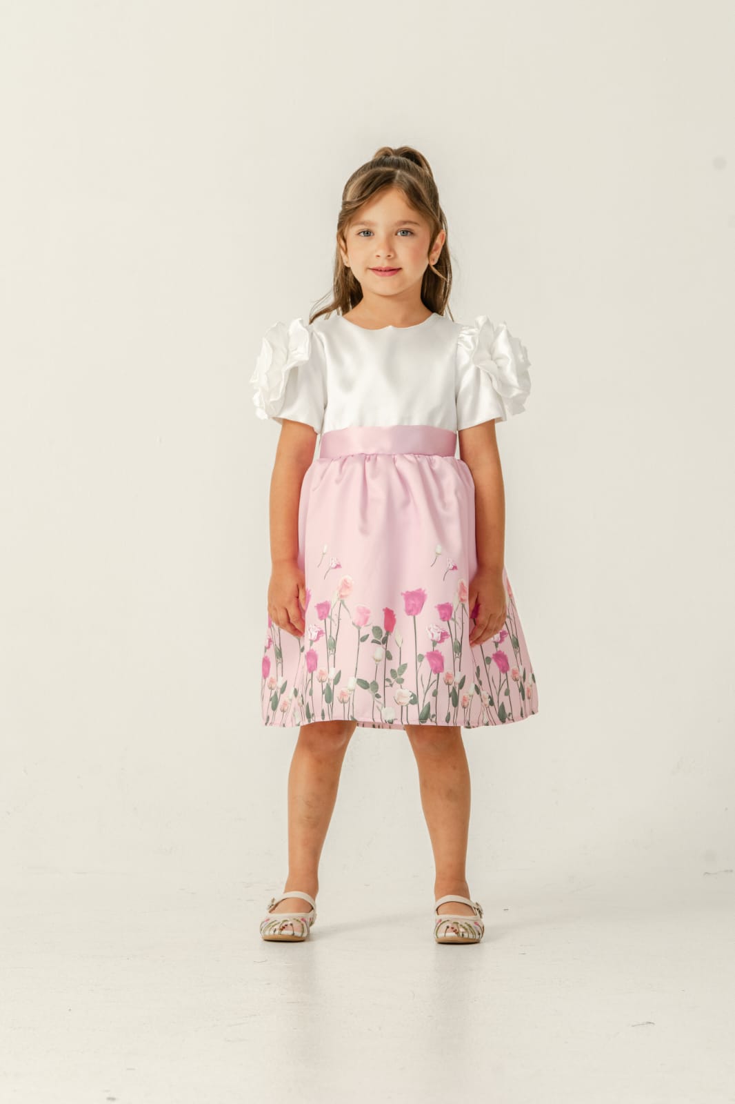 Liora Girls White & Pink Floral Party Dress with Puff Sleeves