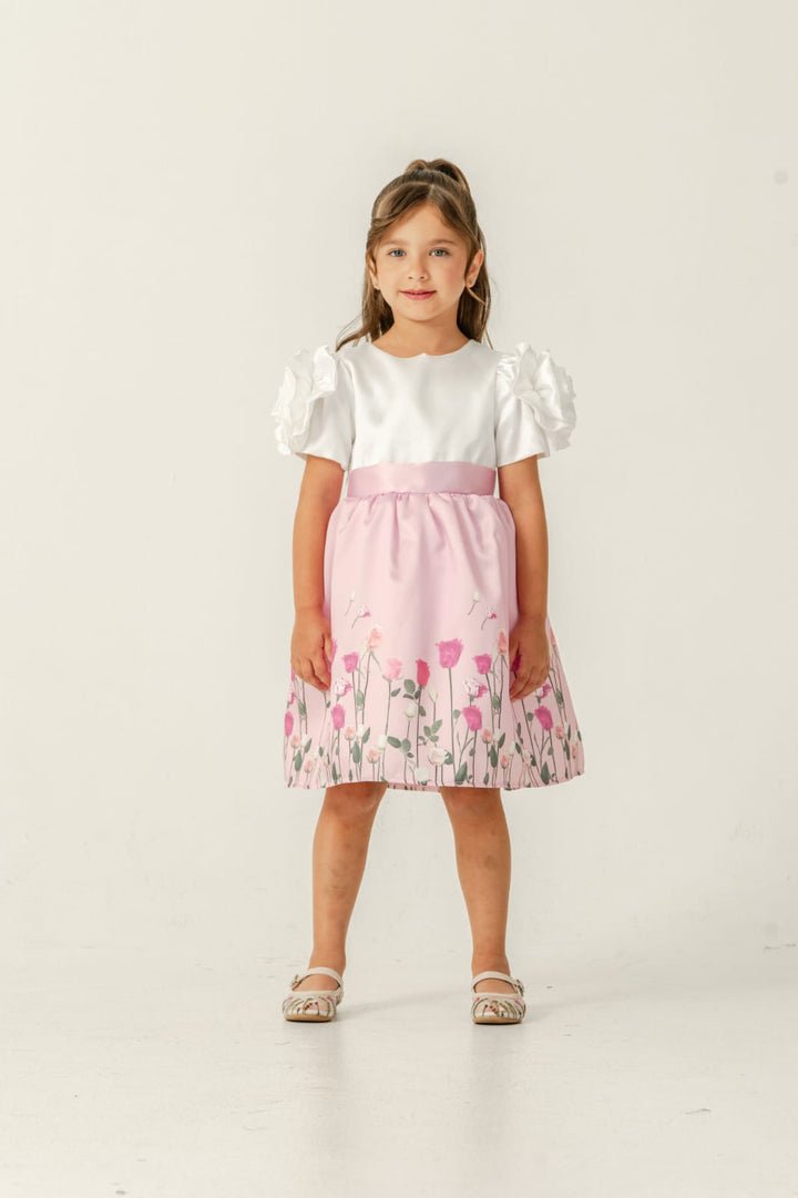 Liora Girls White & Pink Floral Party Dress with Puff Sleeves