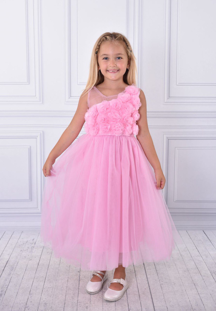 Floral Elegance Girls Pink Tulle Dress for Birthday Parties