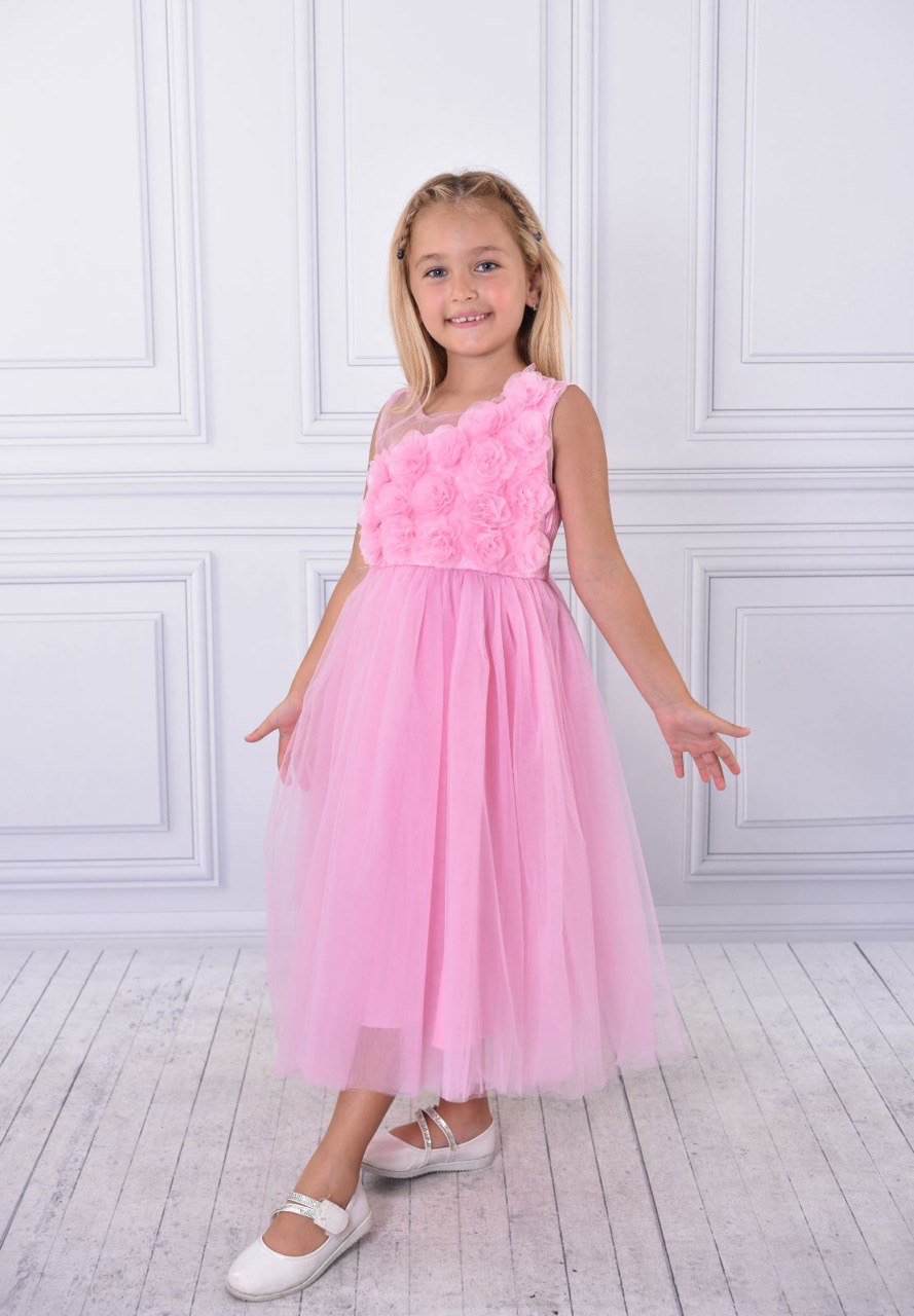 Floral Elegance Girls Pink Tulle Dress for Birthday Parties