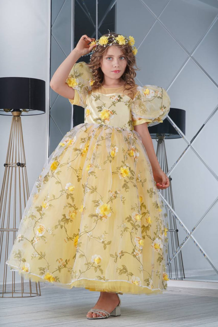 Reem Elegant Yellow Puff-Sleeve Premium Gown