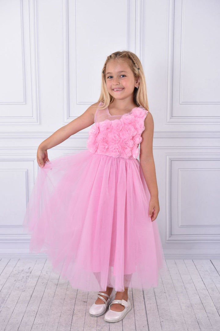 Floral Elegance Girls Pink Tulle Dress for Birthday Parties