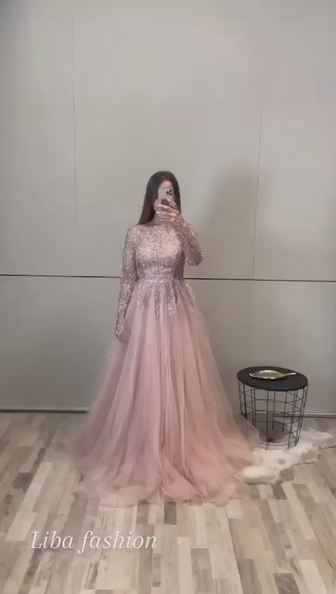 Powder Luxury Sequins Lace Tulle Women Party Dress