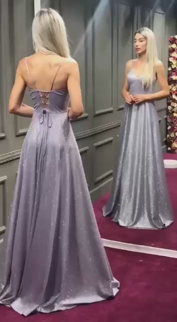 Silver Shimmery long Evening Gown with Slit Details