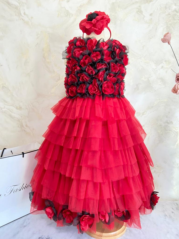 Red Flower Full Length Party Dress