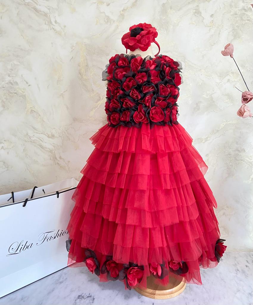 Red Flower Full Length Party Dress