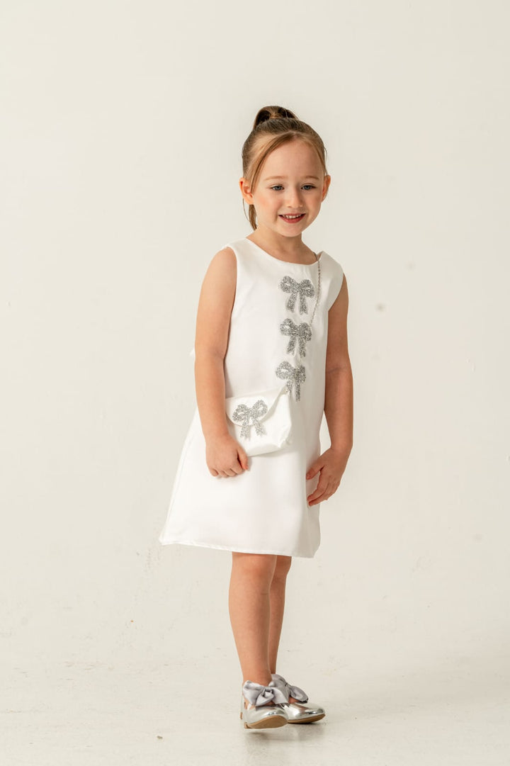 Layana White Glitter Bow Dress With Matching Purse