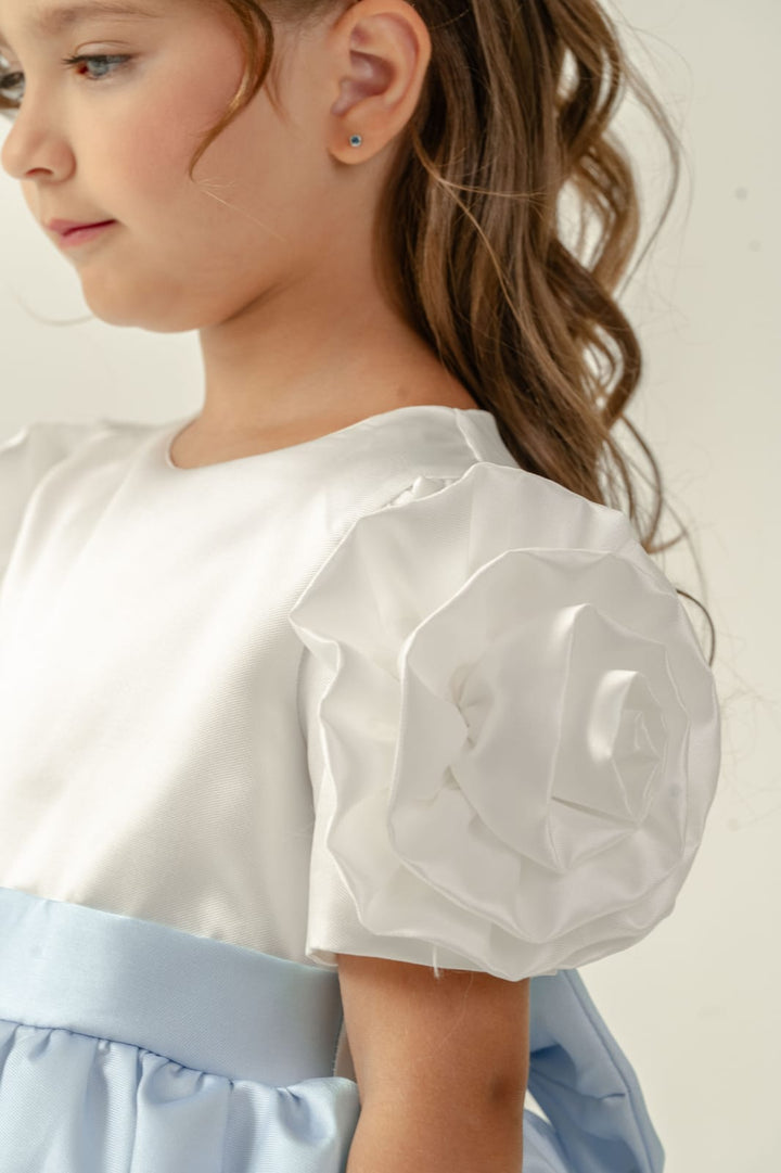 Liora Girls White & Blue Floral Party Dress with Puff Sleeves